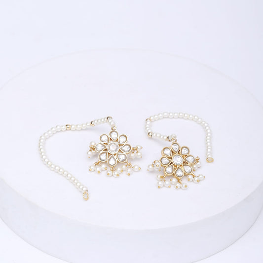 Handcrafted sterling Silver earrings with pearls kaan-chain in 1 micron Gold plating in Post and Push closure.