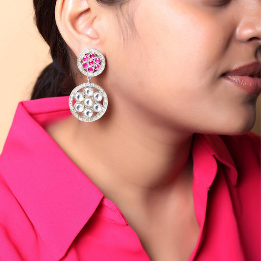 92.5  Sterling Silver earrings with red Quartz and Billor Polki in Silver plating,
Post and push closure.