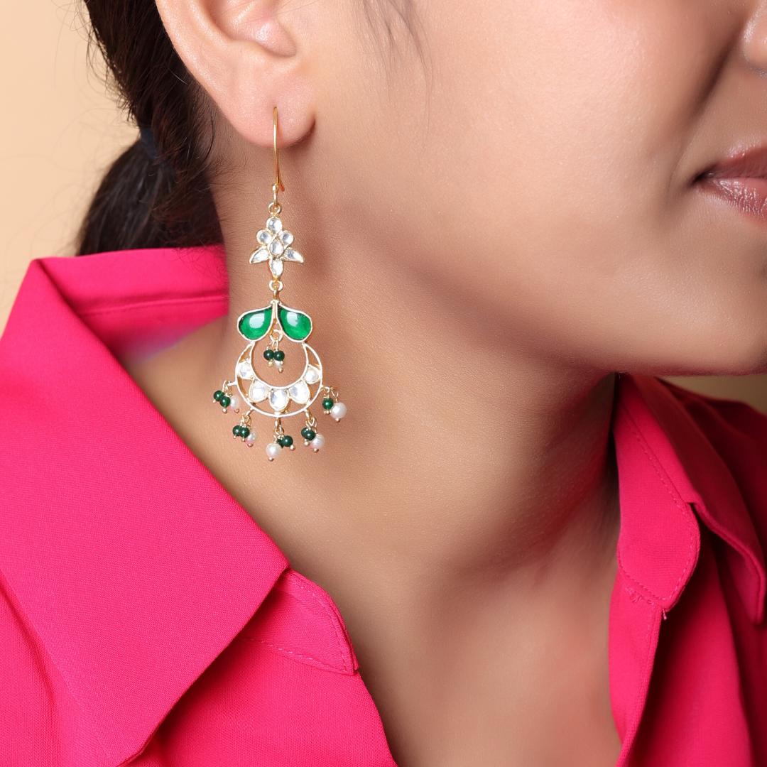 92.5 Sterling Silver Chaandbali earrings with Billor Polki and green Onyx and pearl drops in 1 micron Gold plating Hook earrings.