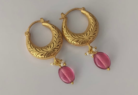 92.5 Sterling silver hoops with hand work in 1 micron Gold plating with Red Quartz and Pearls.