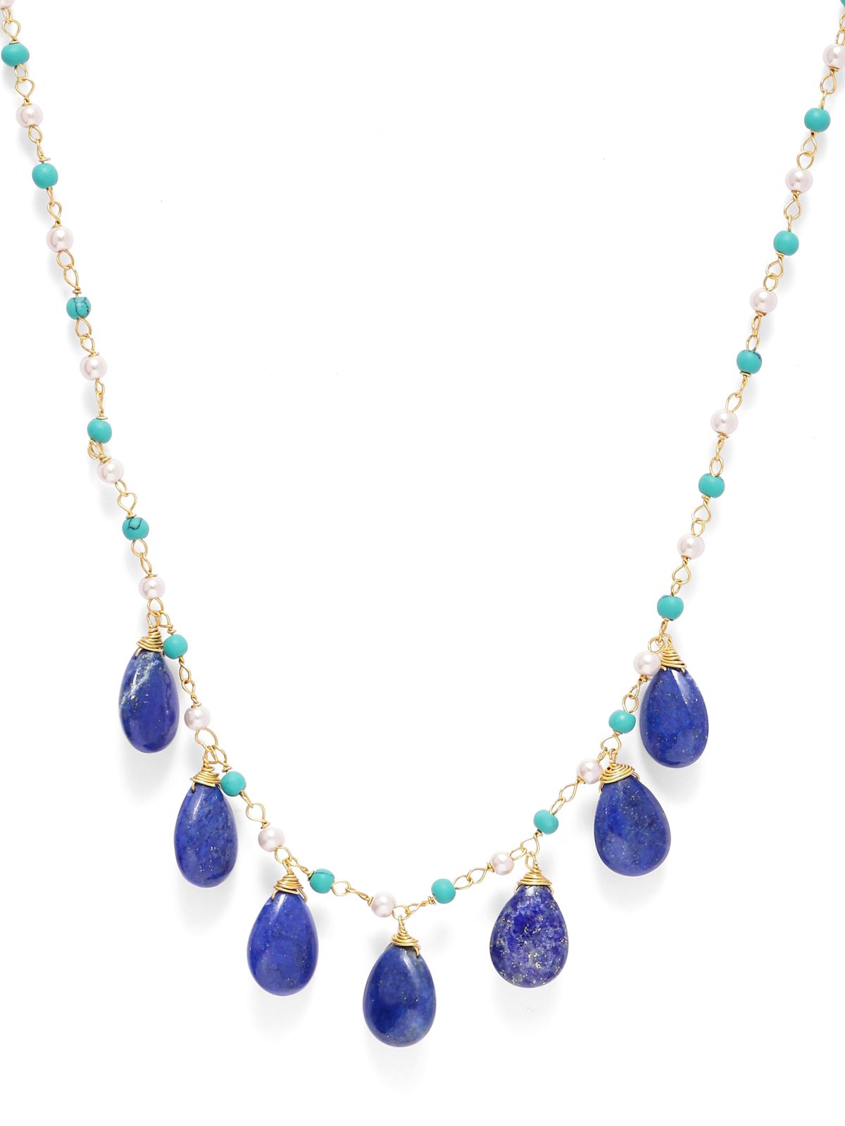 Raindrops necklace in 92.5 Sterling Silver with Lapis Lazuli strung with turquoise and pearls in 1 micron Gold plating. 
Length- 16-18 inches adjustable.