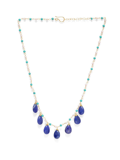 Raindrops necklace in 92.5 Sterling Silver with Lapis Lazuli strung with turquoise and pearls in 1 micron Gold plating. 
Length- 16-18 inches adjustable.