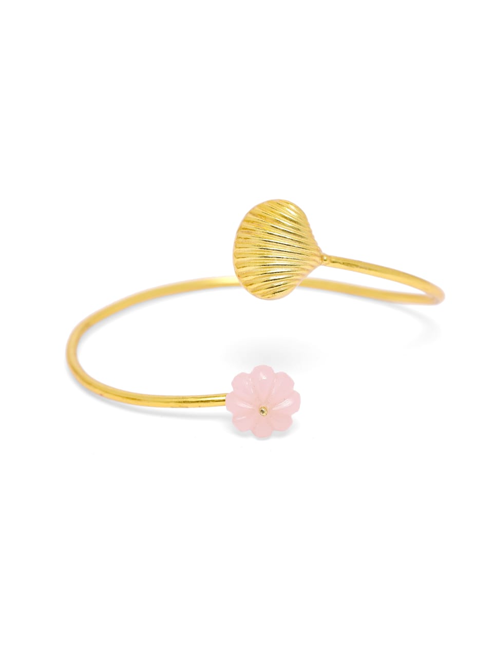 Shelja Bracelet in 92.5 Sterling Silver with 1 micron Gold plated with carved rose Quartz, size adjustable.