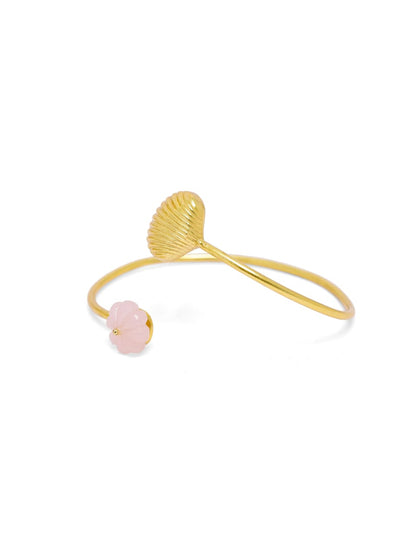 Shelja Bracelet in 92.5 Sterling Silver with 1 micron Gold plated with carved rose Quartz, size adjustable.