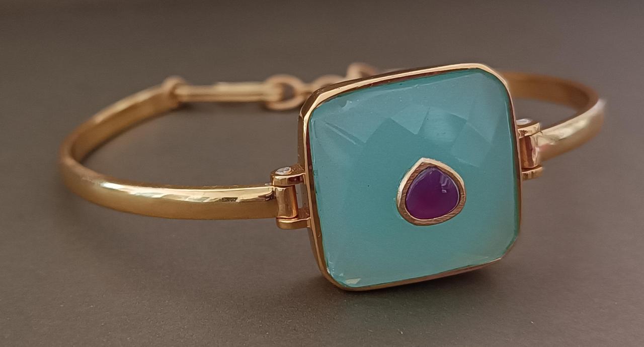 Handcrafted 92.5 sterling Silver Aqua bracelet with faceted aqua Chalcedony and ruby, adjustable.