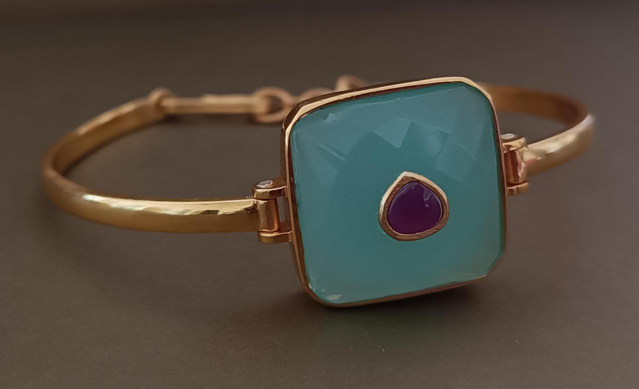 Handcrafted 92.5 sterling Silver Aqua bracelet with faceted aqua Chalcedony and ruby, adjustable.