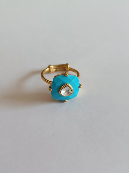 Turquoise ring in 92.5 Sterling Silver recon Turquoise ring with Billor Polki, adjustable in 1 micron Gold plating.