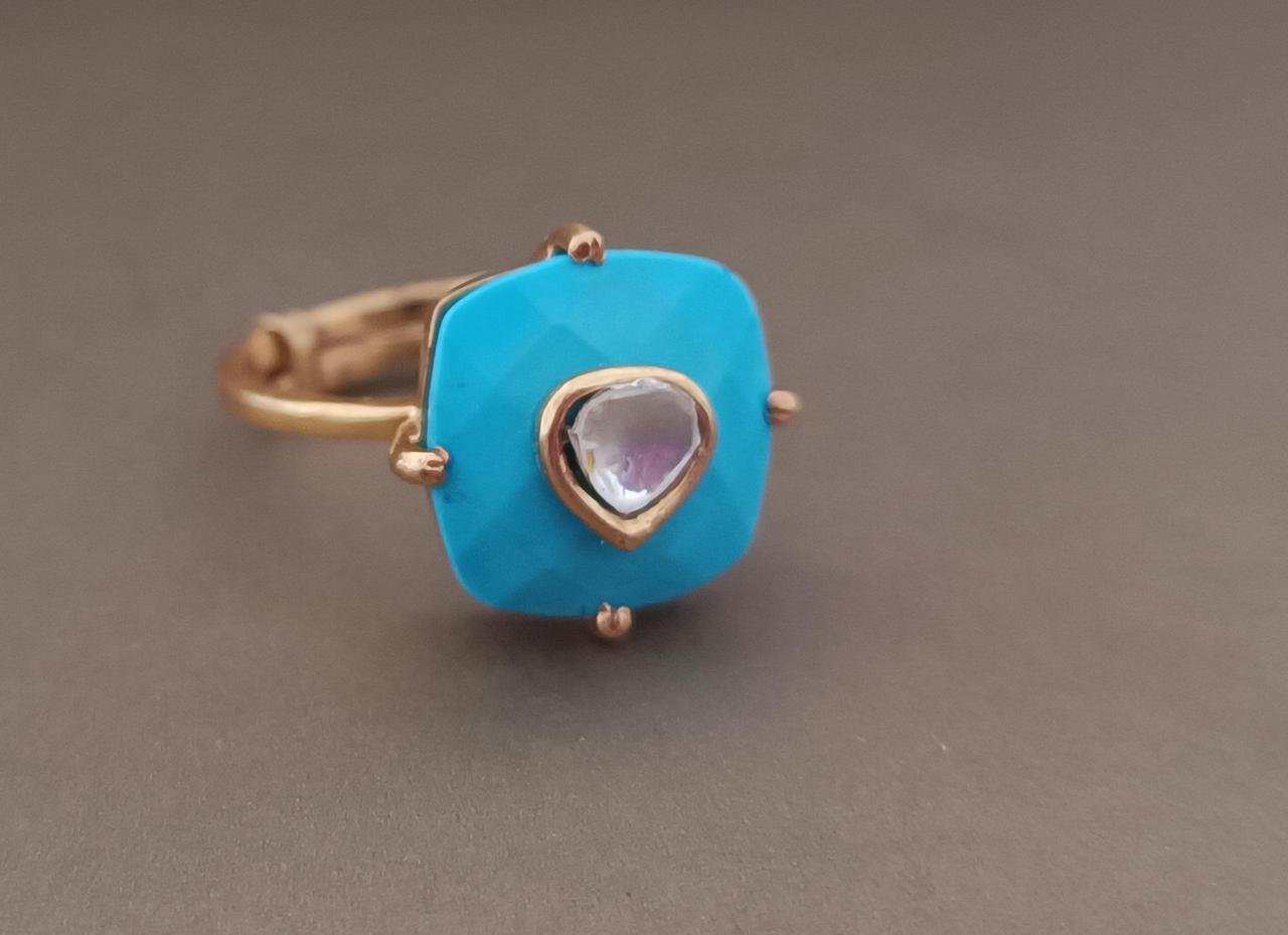 Turquoise ring in 92.5 Sterling Silver recon Turquoise ring with Billor Polki, adjustable in 1 micron Gold plating.