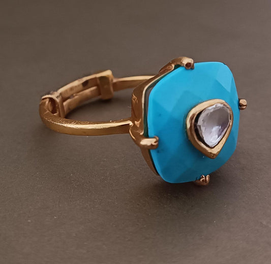 Turquoise ring in 92.5 Sterling Silver recon Turquoise ring with Billor Polki, adjustable in 1 micron Gold plating.