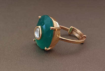 92. 5 Sterling Silver ring with faceted green Onyx and Billor Polki, adjustable in 1 micron Gold plating.