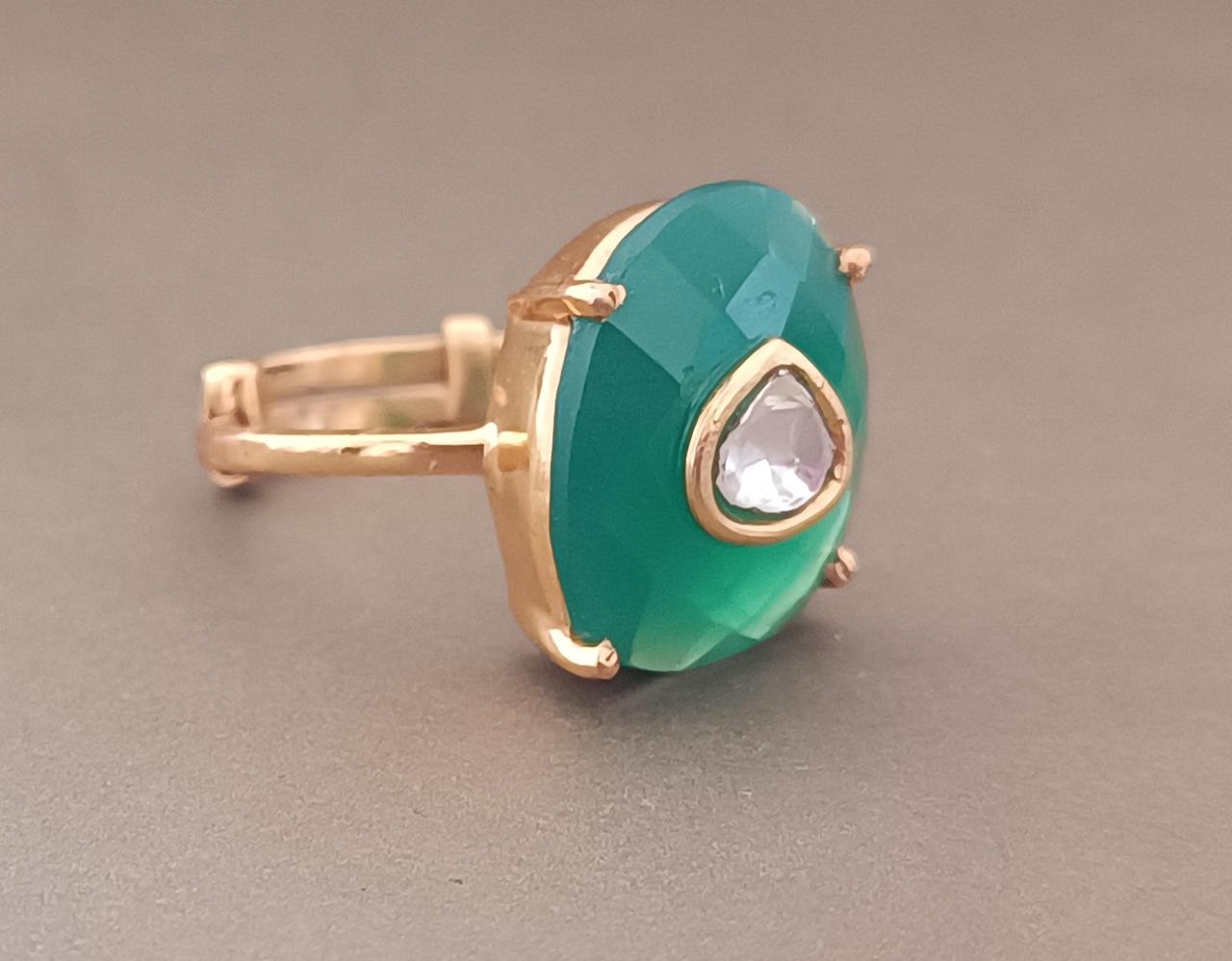 92. 5 Sterling Silver ring with faceted green Onyx and Billor Polki, adjustable in 1 micron Gold plating.