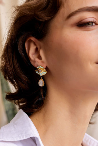 Sky blue enamelled drop earrings  in 92.5 Sterling Silver sky blue Enamel with Pearls and moonstone drops with 1 micron Gold plating.