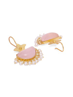 Load image into Gallery viewer, Rose quartz earrings in 92.5 Sterling Silver hammered earrings with rose Quartz and Pearls with Matt Gold plating.
