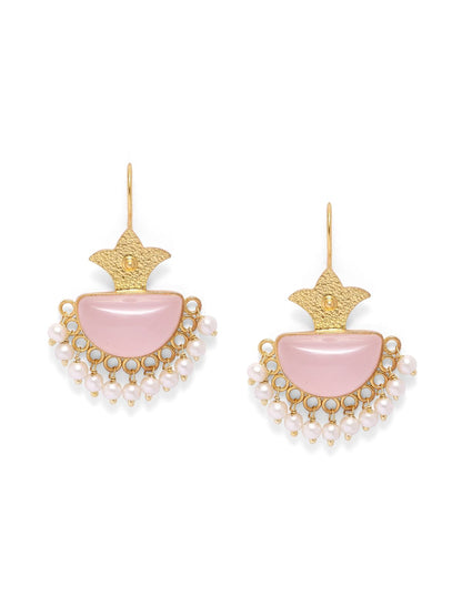 Rose quartz earrings in 92.5 Sterling Silver hammered earrings with rose Quartz and Pearls with Matt Gold plating.