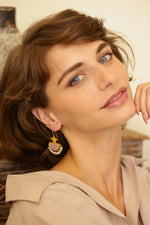 Load image into Gallery viewer, Rose quartz earrings in 92.5 Sterling Silver hammered earrings with rose Quartz and Pearls with Matt Gold plating.
