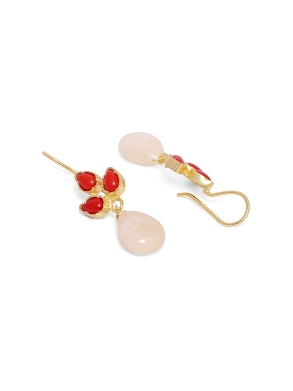 Durga Earrings (Red) in 92.5 Sterling Silver with 1 micron Gold plating in Coral pear shape with yellow Aventurine drops.