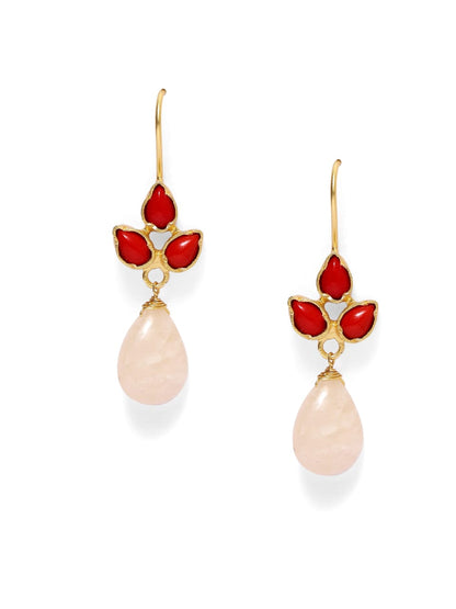 Durga Earrings (Red) in 92.5 Sterling Silver with 1 micron Gold plating in Coral pear shape with yellow Aventurine drops.