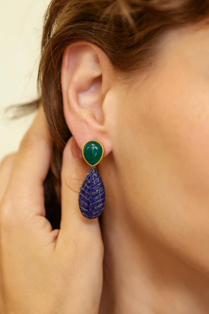 Neel earrings in 92.5 Sterling Silver with carved Lapis Lazuli and green Onyx, dipped in 1 micron Gold with 
Post-Push closure.