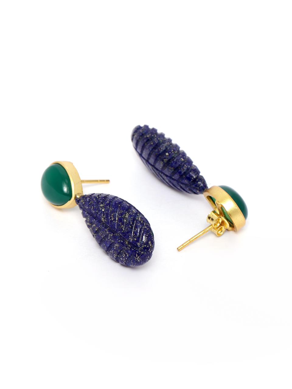 Neel earrings in 92.5 Sterling Silver with carved Lapis Lazuli and green Onyx, dipped in 1 micron Gold with 
Post-Push closure.