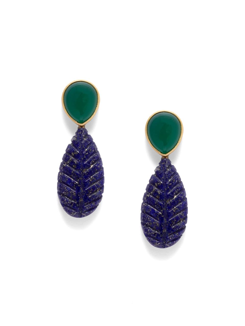 Neel earrings in 92.5 Sterling Silver with carved Lapis Lazuli and green Onyx, dipped in 1 micron Gold with 
Post-Push closure.