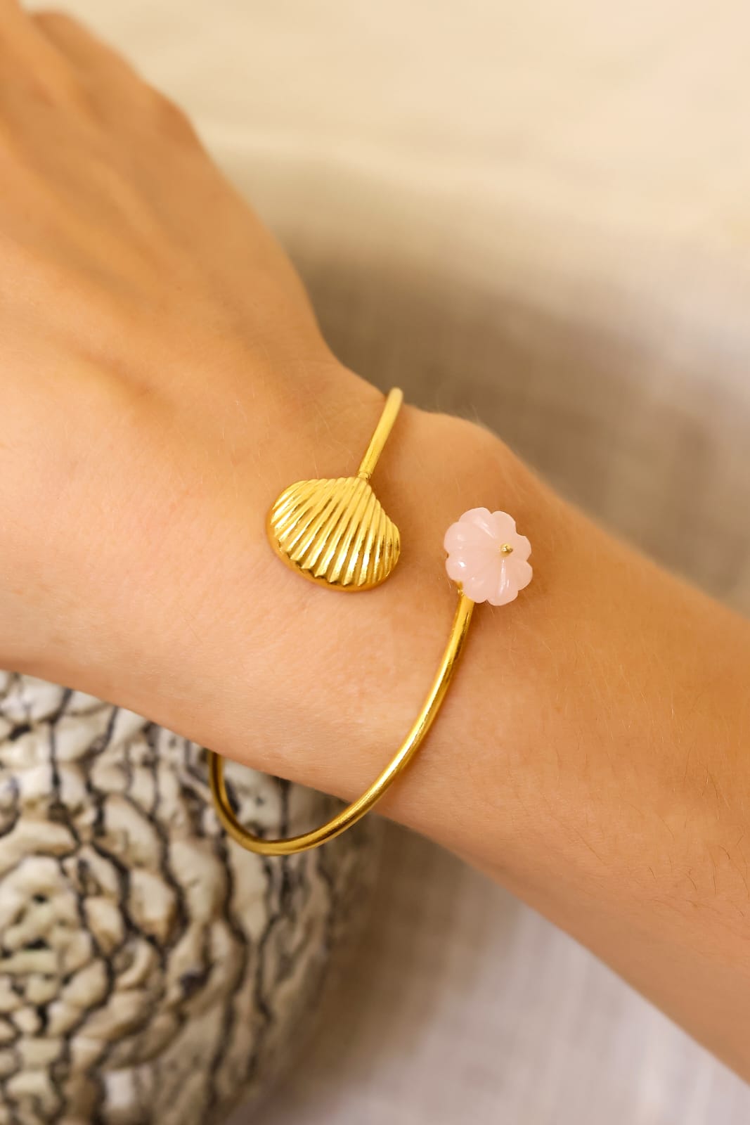 Shelja Bracelet in 92.5 Sterling Silver with 1 micron Gold plated with carved rose Quartz, size adjustable.