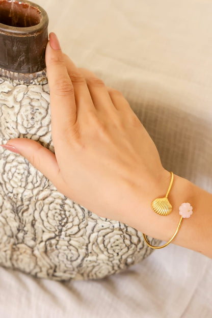 Shelja Bracelet in 92.5 Sterling Silver with 1 micron Gold plated with carved rose Quartz, size adjustable.