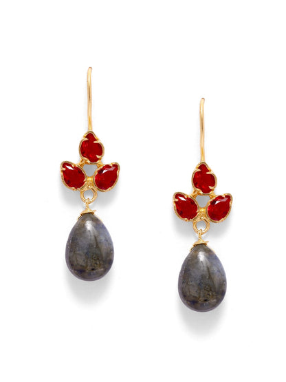 Durga earrings (Black) in 92.5 Sterling Silver earrings red Quartz and Labradorite drops dipped in 1 micron Gold plating, hook earrings.