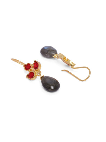 Durga earrings (Black) in 92.5 Sterling Silver earrings red Quartz and Labradorite drops dipped in 1 micron Gold plating, hook earrings.