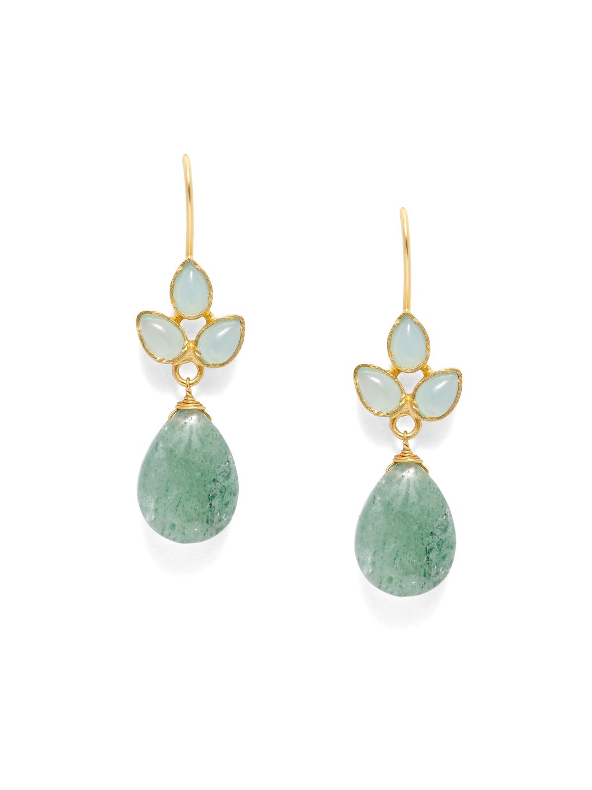 Durga earrings (Green) in 92.5 Sterling Silver with Aquacalcydony and grapes Aventurine in 1 micron Gold plating, Hook earrings.