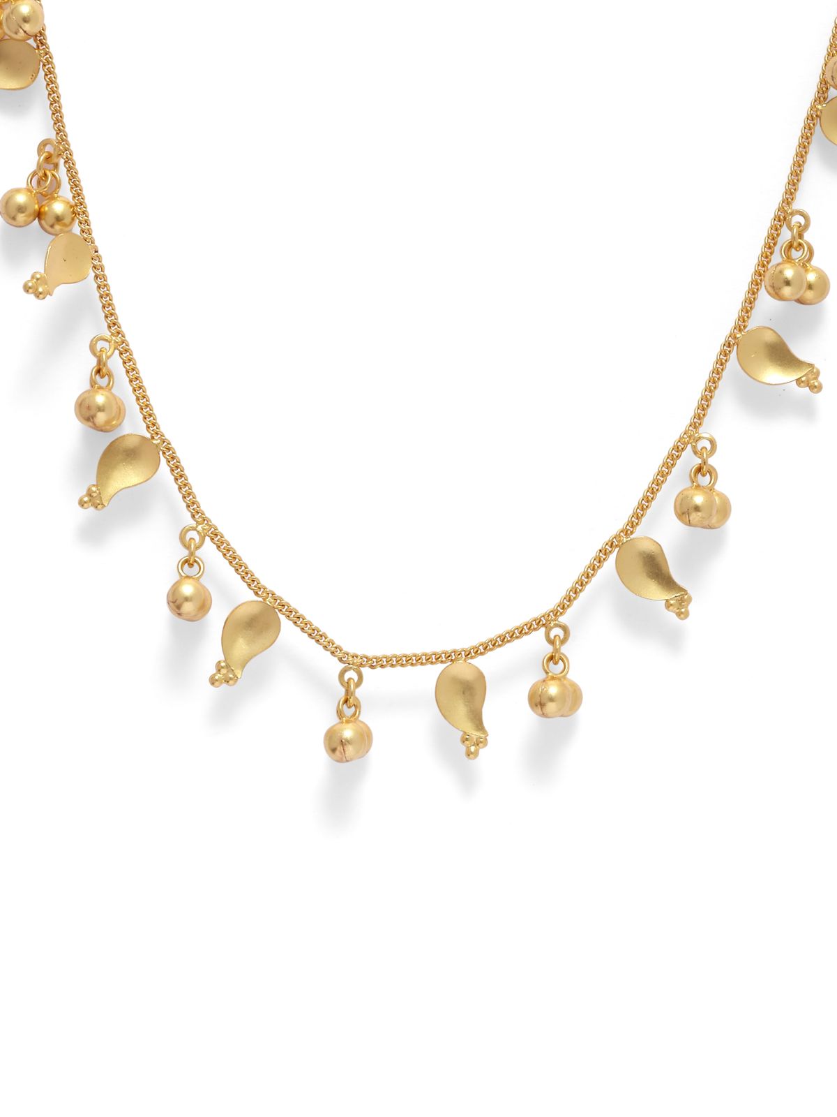 Dhwani mala in 92.5 Sterling Silver with leaves and bells Motifs, Stacking necklace in 1 micron Gold plating.