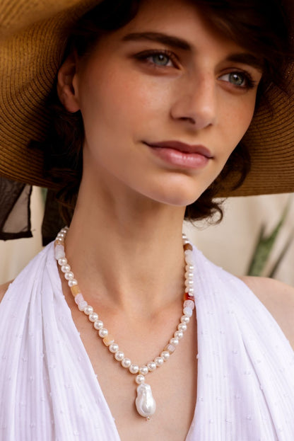 Dhawal necklace in 92.5 Sterling Silver with semi-precious Stones, Pearl necklace.