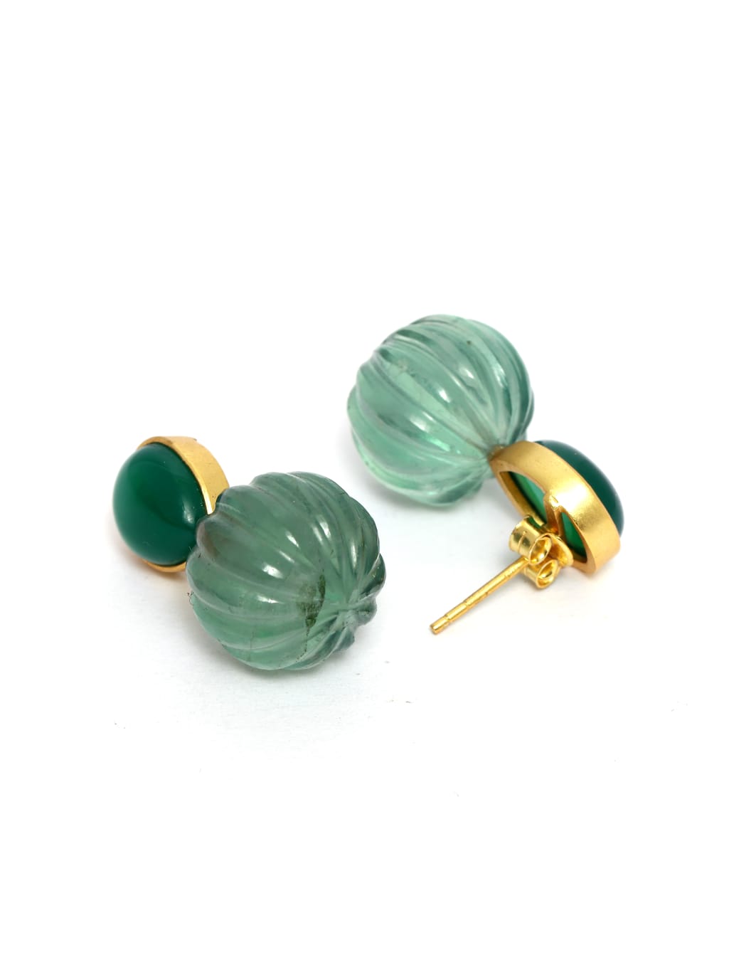 Bahaar earrings in 92.5 Sterling Silver green Onyx and Floride carved drops 
dipped in 18 karat Gold plating.