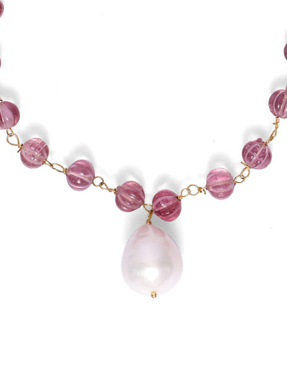 Carved beads bracelet, strung in 92.5 Sterling Silver with Broque pearls, Pink melon stones, adjustable.