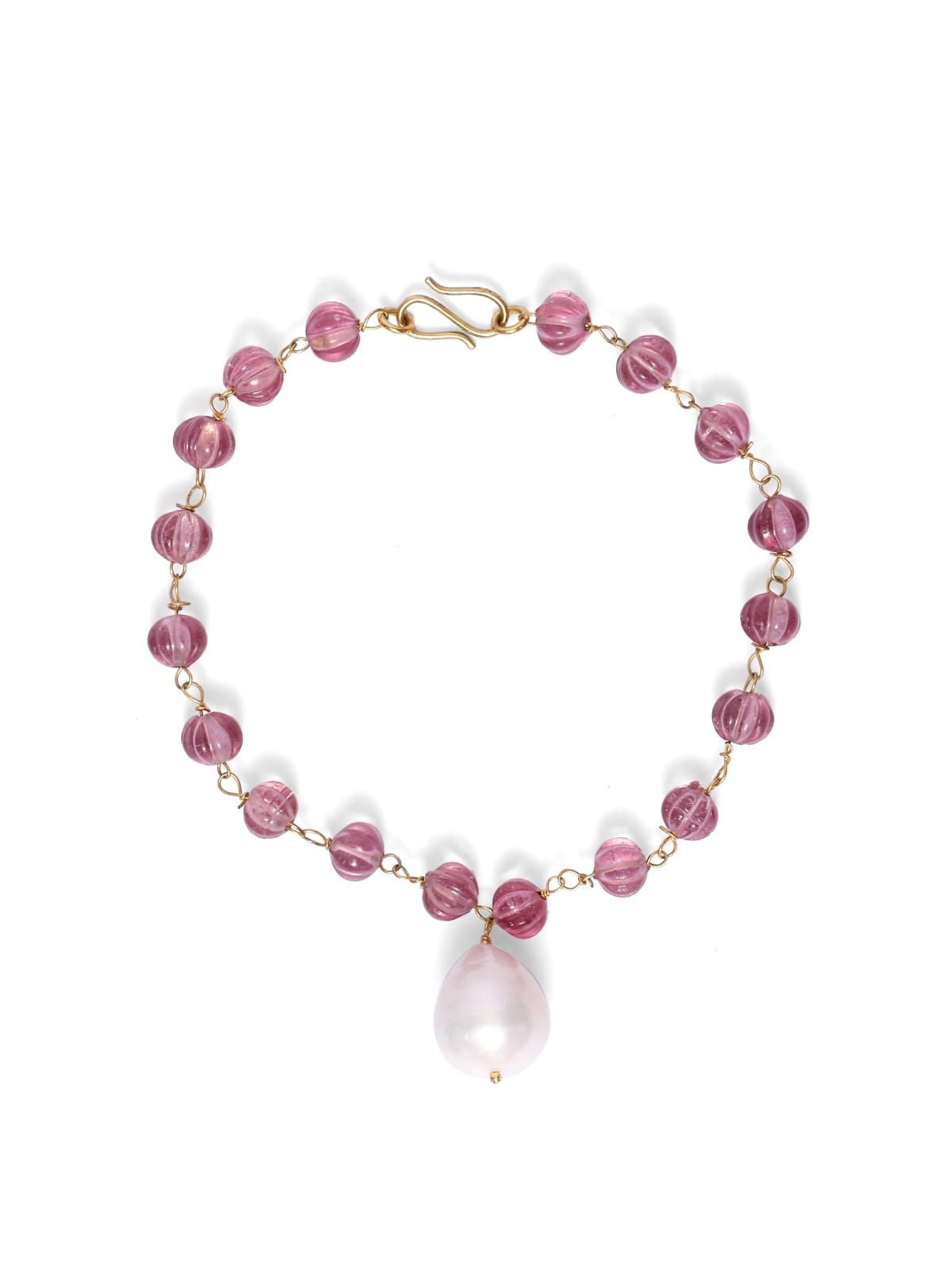 Carved beads bracelet, strung in 92.5 Sterling Silver with Broque pearls, Pink melon stones, adjustable.