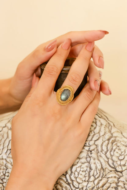 Naveena Ring in 92.5 Sterling Silver dipped in 1 micron Gold plating, handcrafted ring in semi-precious Labradorite stone.