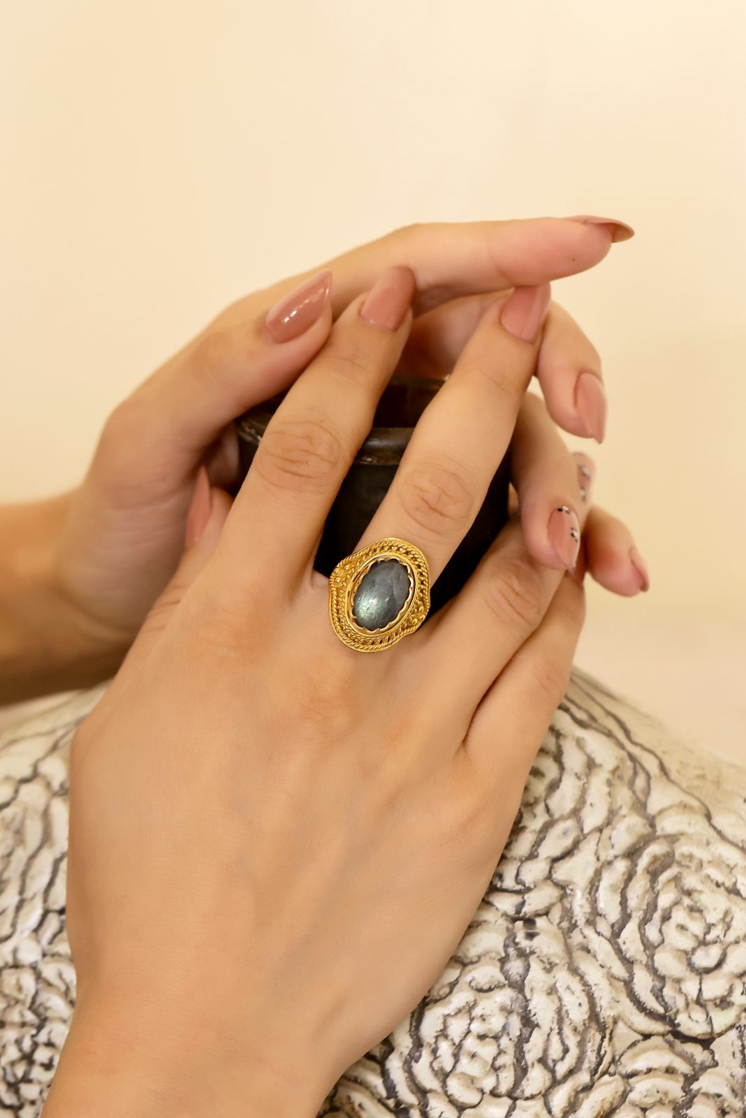 Naveena Ring in 92.5 Sterling Silver dipped in 1 micron Gold plating, handcrafted ring in semi-precious Labradorite stone.