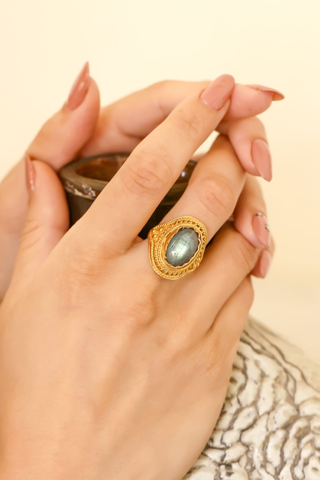 Naveena Ring in 92.5 Sterling Silver dipped in 1 micron Gold plating, handcrafted ring in semi-precious Labradorite stone.