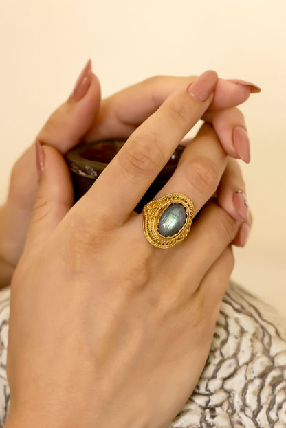 Naveena Ring in 92.5 Sterling Silver dipped in 1 micron Gold plating, handcrafted ring in semi-precious Labradorite stone.