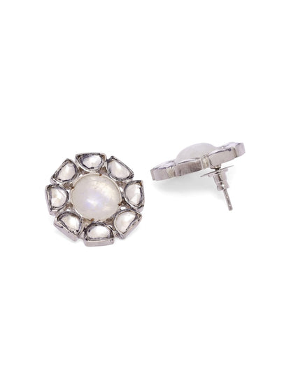 Sunaina studs in Moonstone Polki earrings in 92.5 Sterling Silver in glass Polki, oxidised plating in Push-Post closure.