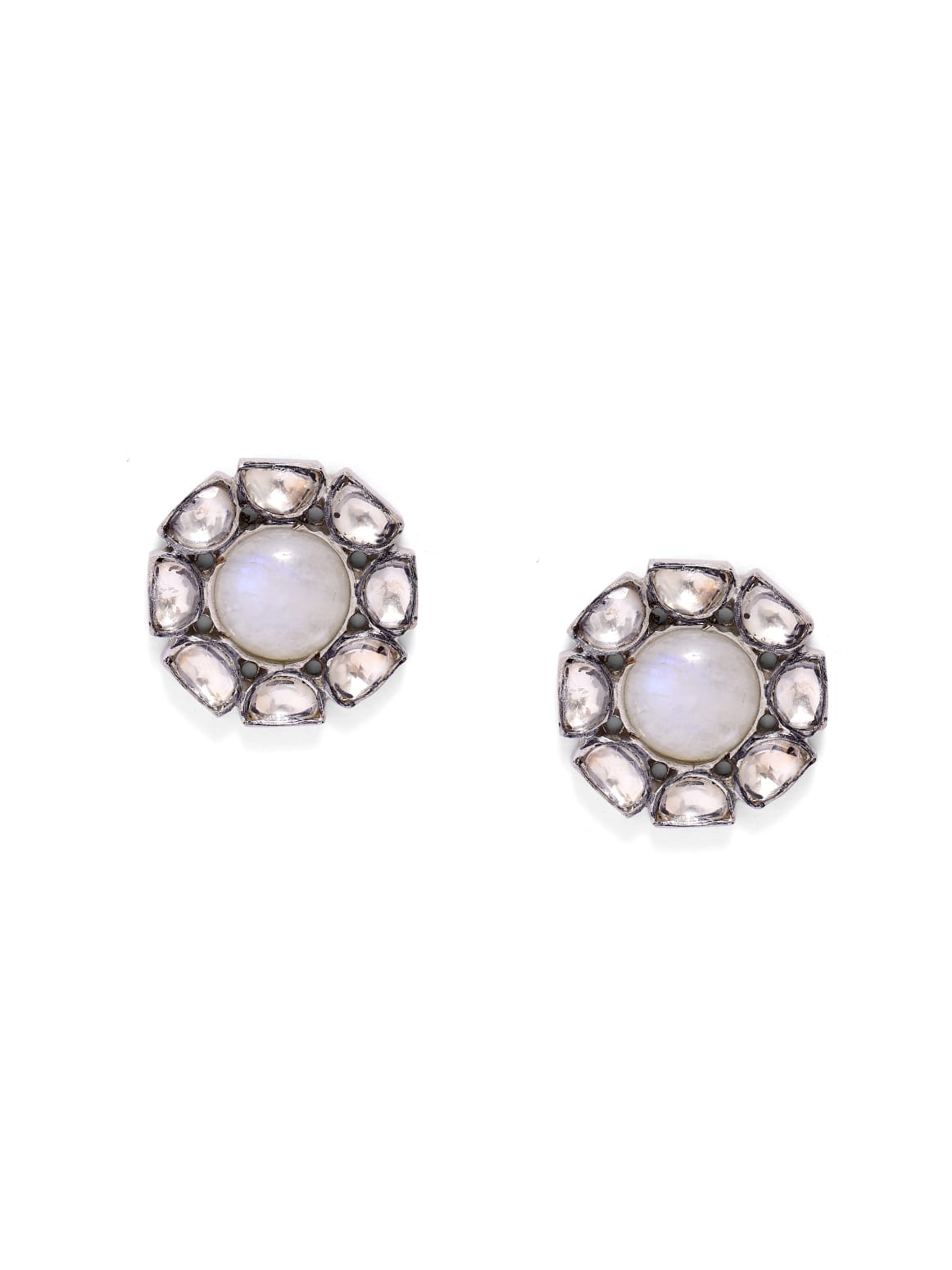 Sunaina studs in Moonstone Polki earrings in 92.5 Sterling Silver in glass Polki, oxidised plating in Push-Post closure.