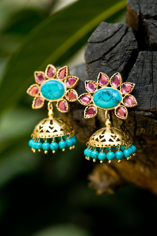 Sterling silver handcrafted Turquoise studs with jhumka turquoise beads,
Adaa earrings.