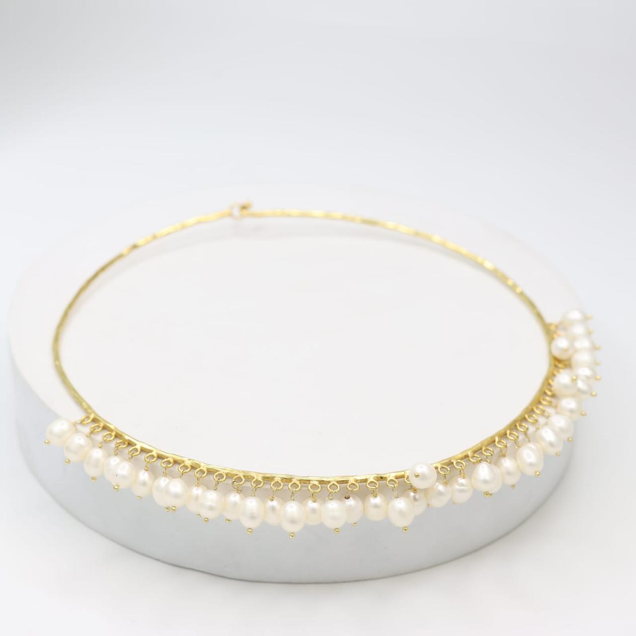 92.5 Sterling silver handcrafted gold plated natural pearl indo western wear Hasli/Necklace, Bhavani Hasli.