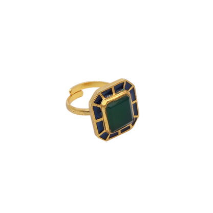 Miraj Ring in Silver alloy handcrafted with Enamel green Onyx, unisex ring dipped in 1 micron Gold plating.