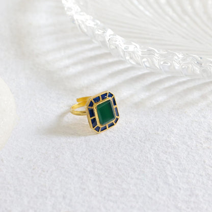 Miraj Ring in Silver alloy handcrafted with Enamel green Onyx, unisex ring dipped in 1 micron Gold plating.