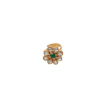 Daura Ring in 92.5 Sterling Silver with Billor Polki stones and green Jadau stones, dipped in 1 micron Gold plating, size adjustable.