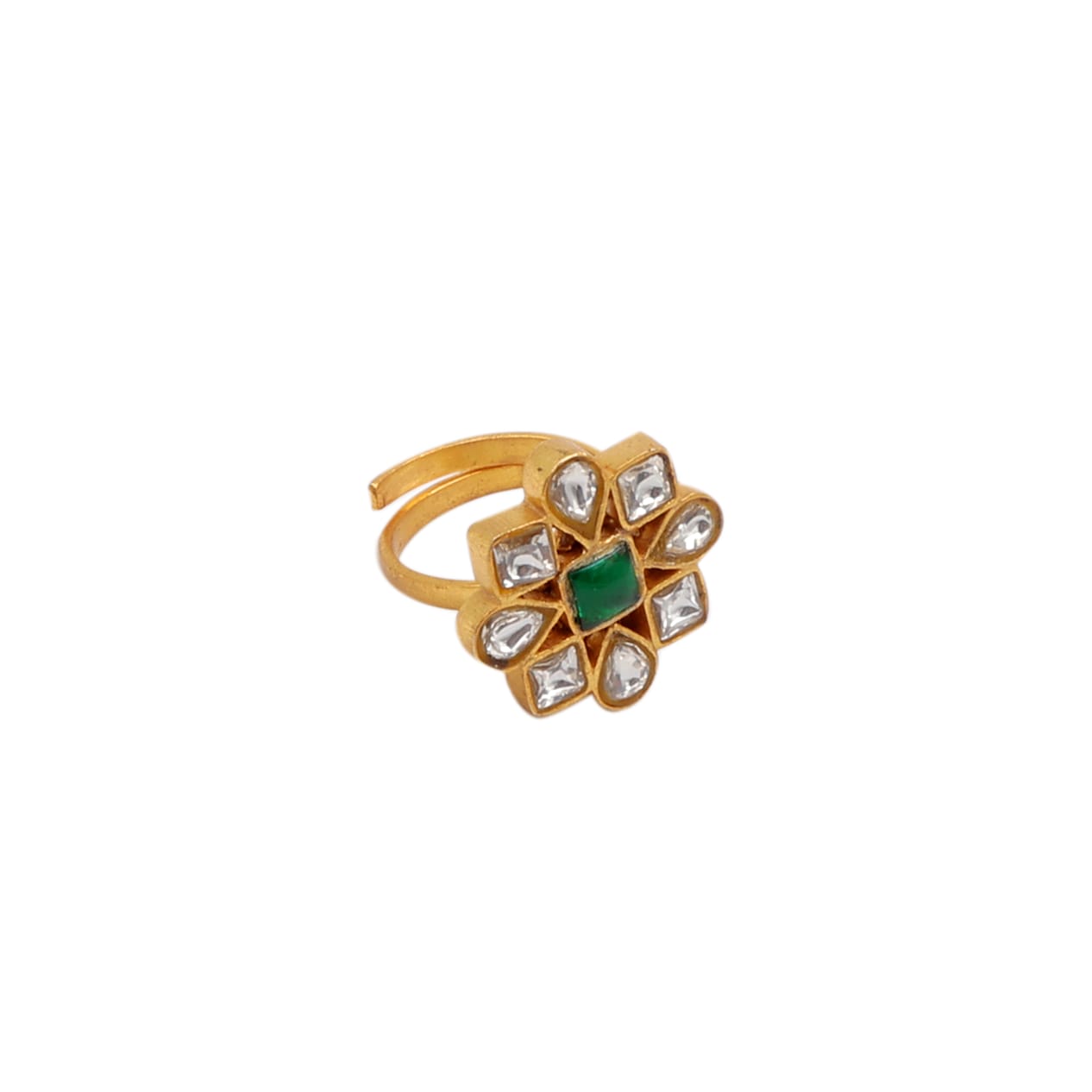 Daura Ring in 92.5 Sterling Silver with Billor Polki stones and green Jadau stones, dipped in 1 micron Gold plating, size adjustable.