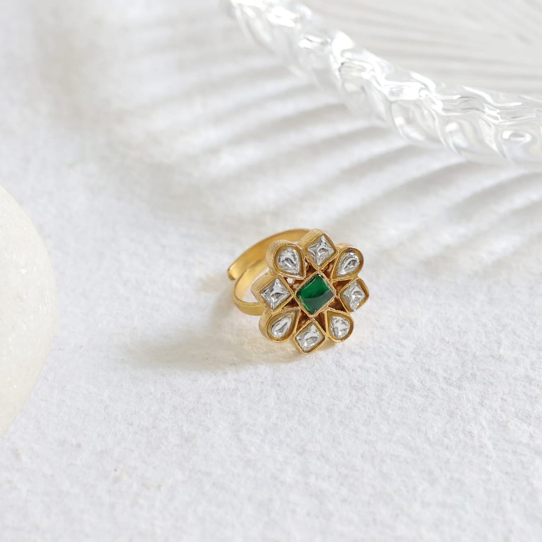 Daura Ring in 92.5 Sterling Silver with Billor Polki stones and green Jadau stones, dipped in 1 micron Gold plating, size adjustable.