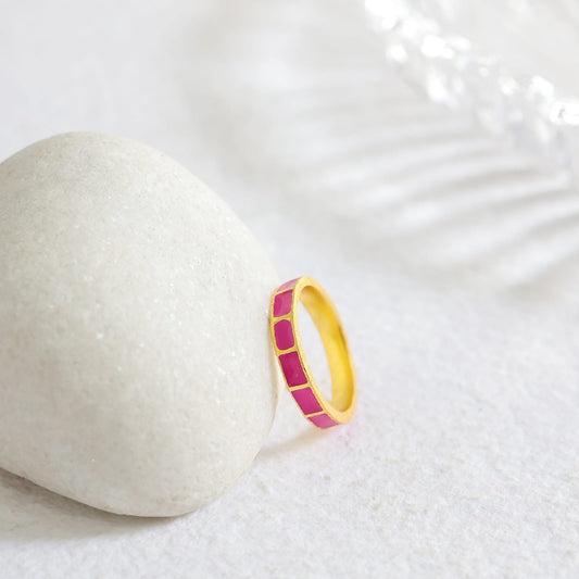 Aayat Ring handcrafted in 92.5 Sterling Silver, dipped in 1 micron Gold plating bar Fushia ring, size made to order.