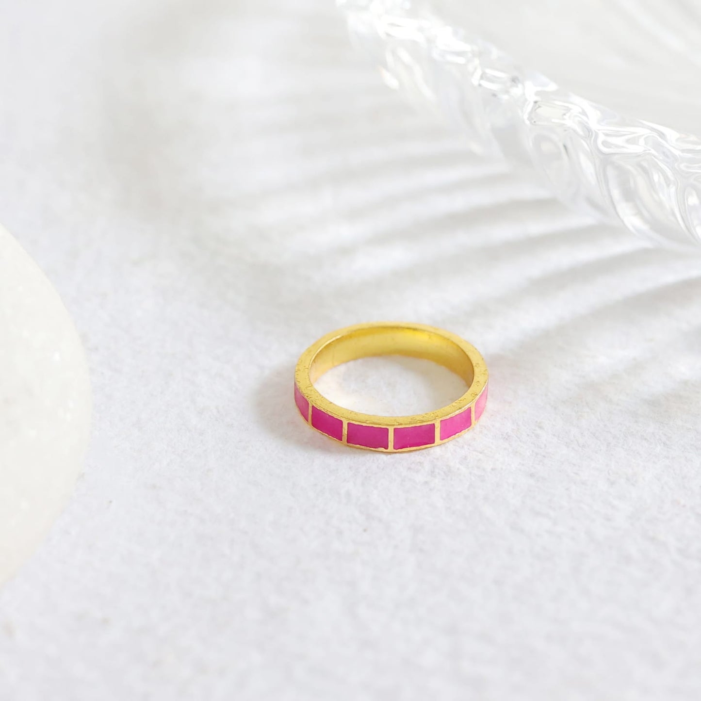 Aayat Ring handcrafted in 92.5 Sterling Silver, dipped in 1 micron Gold plating bar Fushia ring, size made to order.