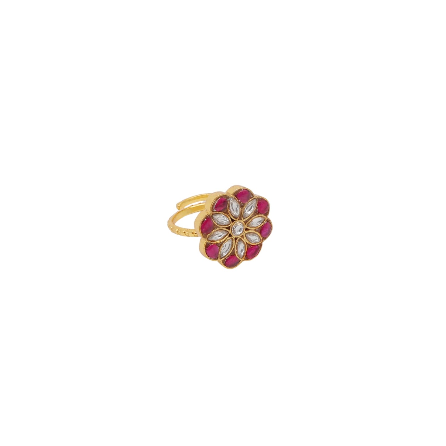 Mohini Ring in 92.5 Sterling Silver handcrafted and dipped in 1 micron Gold plating Jadau-Polki ring, adjustable.